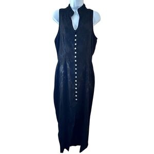 LA BELLE VTG 90s Black Floral Satin Button Down Midi Dress Size 9 M Whimsigoth